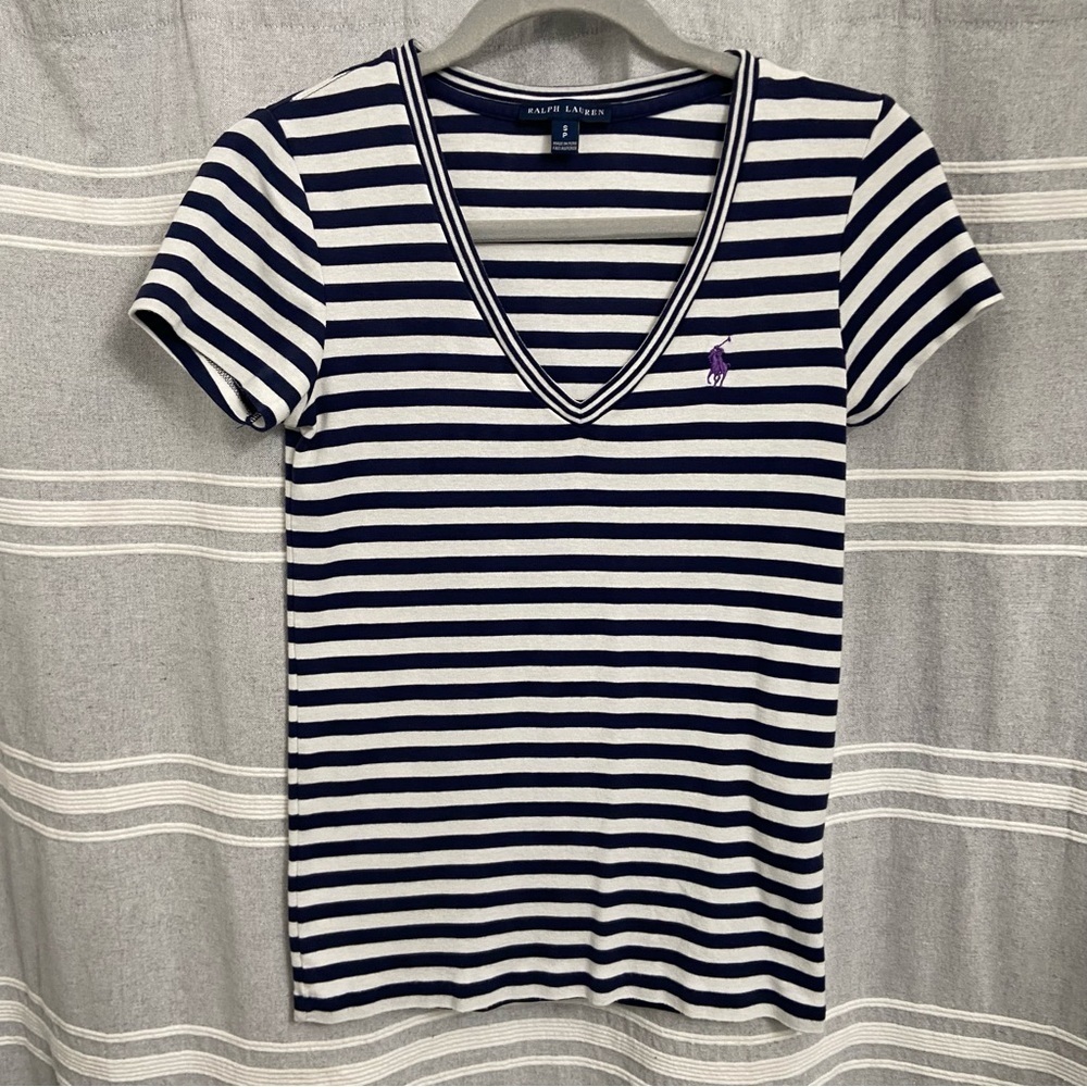 RALPH LAUREN / Blue and White Striped V-Neck Short Sleeve Tee‎ Size S